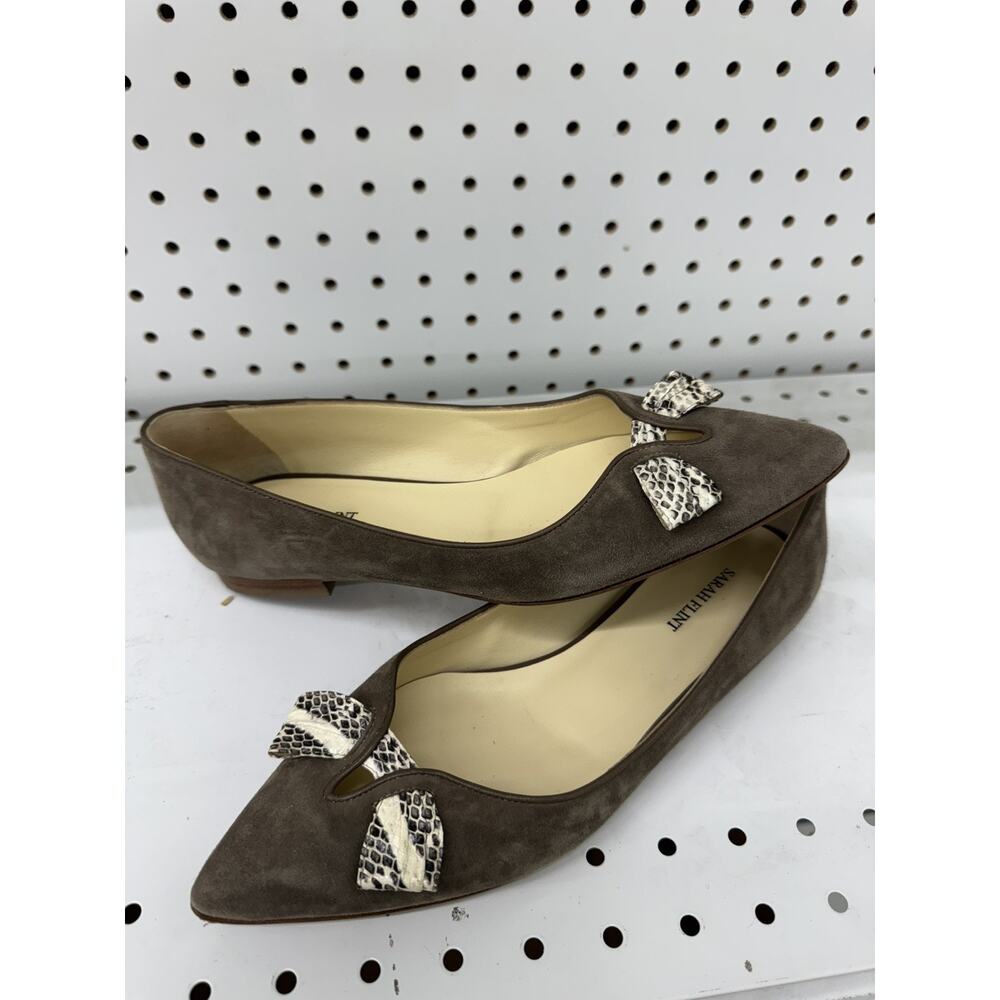 Sarah Flint Taupe Suede Pointed Toe Flats with Snakeskin Bow Accent